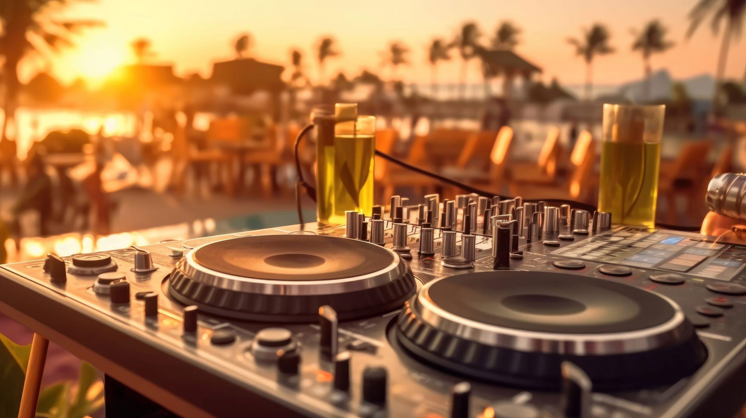 DJ Pult in Ibiza mit Cocktails