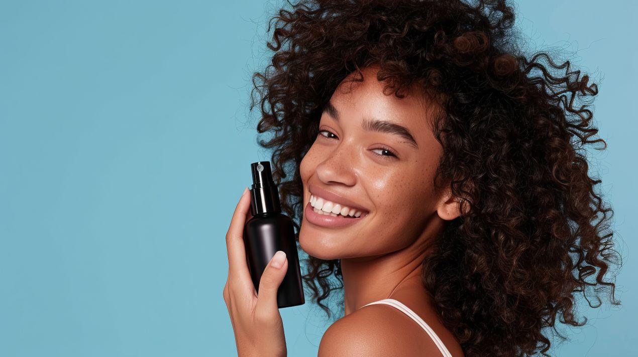 Junge Frau mit lockigem Haar lächelt und hält ein Detangler Spray vor einem blauen Hintergrund