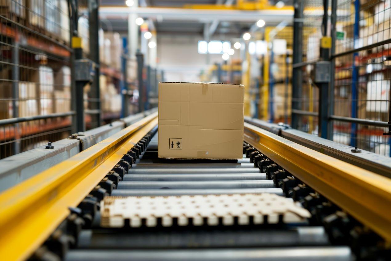 Karton auf Förderband in moderner Lagerhalle – Symbol für effiziente Intralogistik und automatisierte Materialflüsse